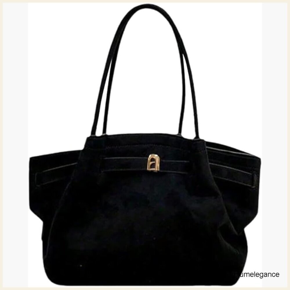 Vintage Suede Bucket Satchel Bag with Buckle Decor Double Handles